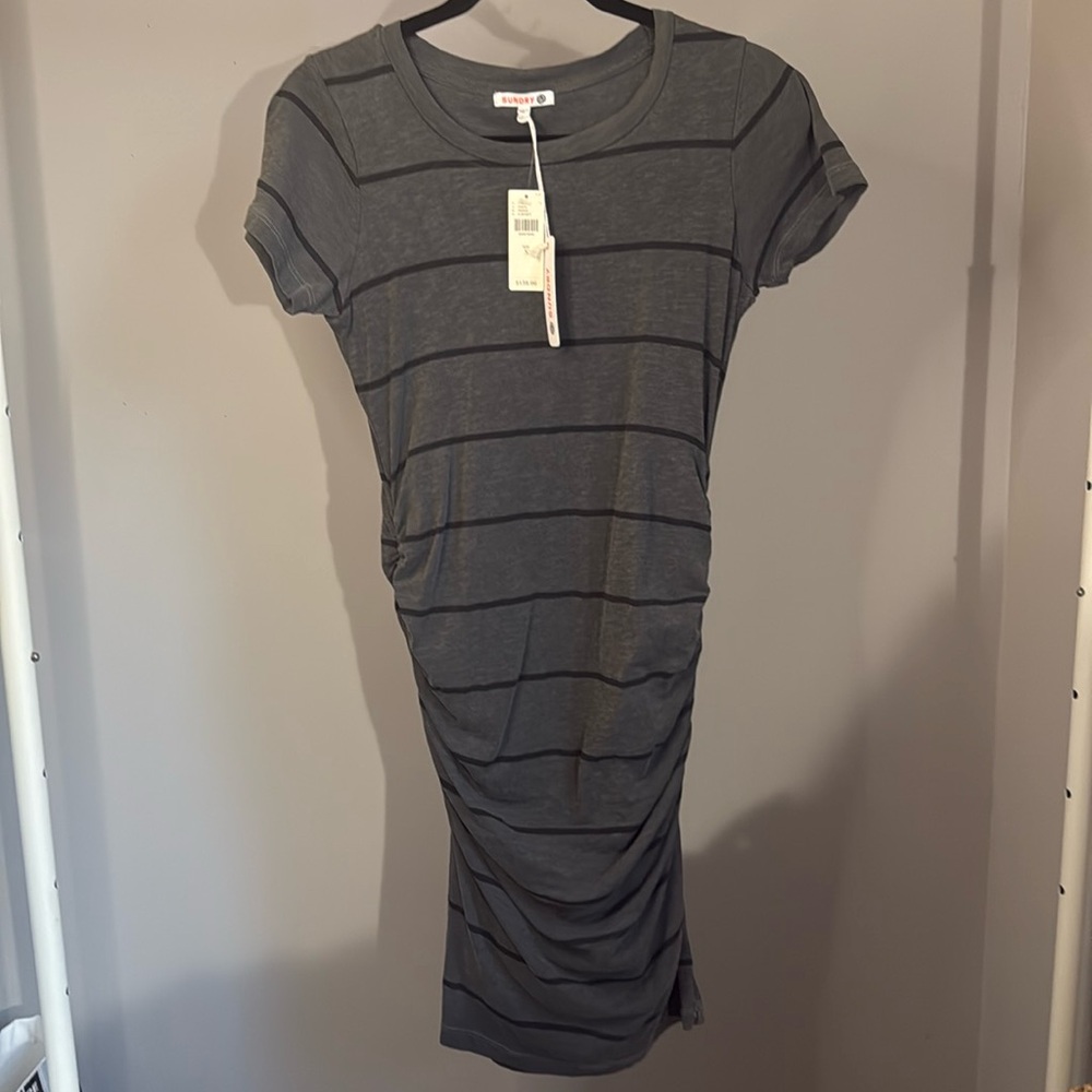 Never Worn - Sundry Women's Small Ruched Striped Fitted Dress in Grey and Black